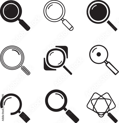 Professional magnifying glass icon set featuring vector search symbols and zoom lens illustrations for web design and business find tools.