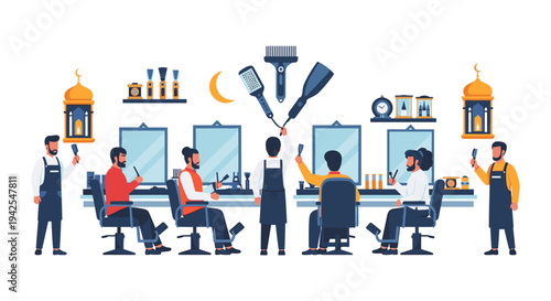 Barbershop team celebrating, barbers with brooms, happy coworkers in salon