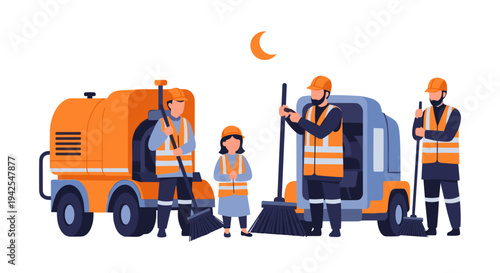 Street cleaners with road sweeper machines at night