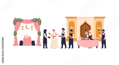 Wedding reception scene with bride, groom, and waiters serving food, elegant pink and gold decorations