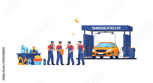 Ramadan Iftar Life Scene with Workers at Gas Station