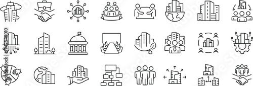 Corporate Web Icon Set in Linear Style. Collection of corporate business, line icons, including business strategy, office, management, workflow, buildings and more.