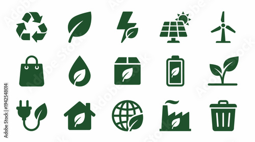 Eco friendly icons for sustainable living and green technology solutions