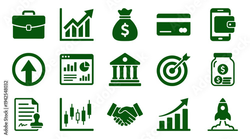 Green business and finance icons for professional use