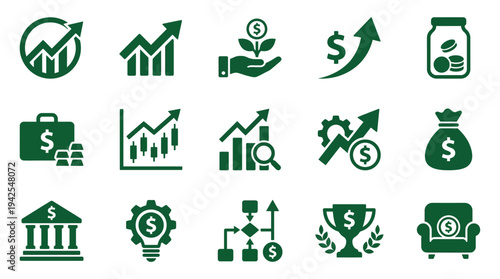 Green financial icons set for business growth and investment