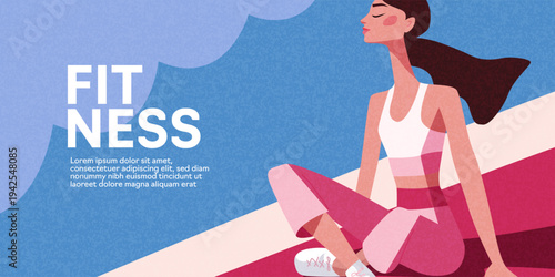 Fitness, exercise and healthy lifestyle concept illustration for banner or poster with a girl doing yoga or stretching on a mat. The overall style is flat, illustrative and modern, with a health and w