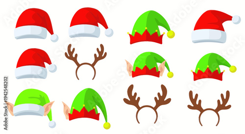 Christmas Elf Hats and Reindeer Antlers Set Vector Illustration