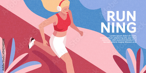 A modern, minimalist outdoor sports poster or banner in a flat illustrative style with a running girl wearing headphones and sportswear. A bright, energetic feeling of freedom and active relaxation.