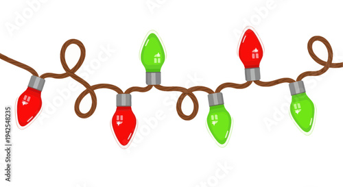 Festive Red and Green Christmas Lights Garland on White Background