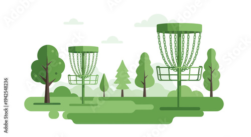Disc Golf Baskets in Park Landscape, Green Trees, Outdoor Recreation