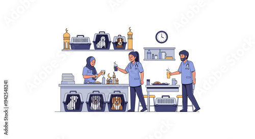 Three coworkers in blue uniforms exchanging bottles in an office kitchen