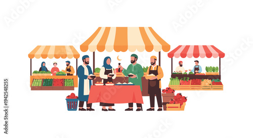Vibrant street food market scene with vendors serving customers