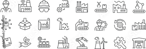 Factory and manufacturing Web Icon Set in Linear Style. Collection of manufacturing line icons, including automation, plants, industrial, production, machine, warehouse and more.