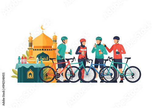 Cyclists taking a break near a mosque during Ramadan, with bikes and iftar drinks
