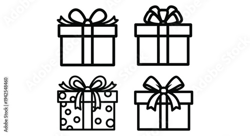 Collection of vector graphic illustrations showing black and white gift boxes with bows