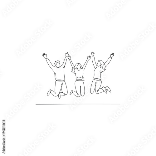A group of people are celebrating with their arms raised