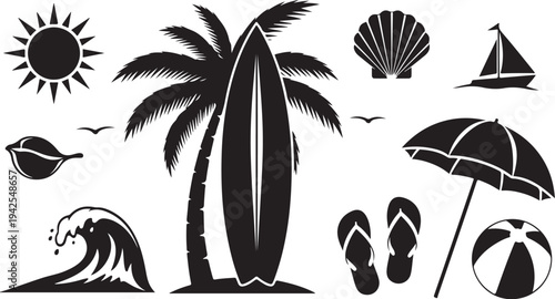 Black and white beach icons and tropical summer symbols