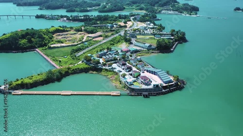 Aerial View of Bito Island in Sacheon with Emerald Sea, South korea