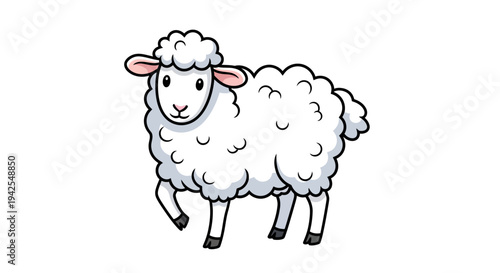 Cute cartoon sheep standing alone with fluffy white wool