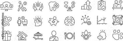 Employee benefits Web Icon Set in Linear Style. Collection of benefits, line icons, including social security, work-life balance, pay raise, insurance, wellness, compensation and more.