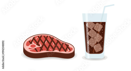 Juicy steak and cold drink on a table
