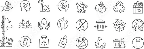 Zero Waste set of web icons in line style. A collection of eco linear icons, including recycling, waste management, composting, trash, pollution, landfill, composting, waste sorting.