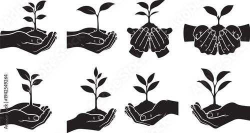 Hands nurturing plants growth and care illustrations set