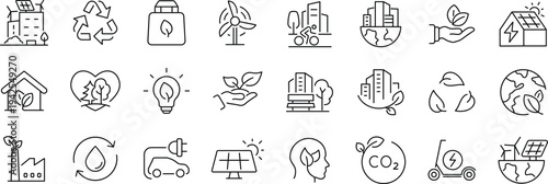 Green city Web Icon Set in Line Style. Collection of Green energy Linear Icons, Including renewable energy, autonomous building, air and water quality, zero waste, environmental.
