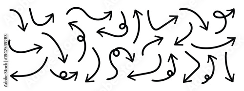 Doddle arrow set. Elegant arrows set. Collection of hand drawn arrows. Set of black grunge hand drawn arrows isolated on white background, vector set.