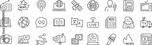 News media Web Icon Set in Line Style. Collection of Mass media Linear Icons, Including tv, radio, newspaper, magazine, news, broadcasting, press, interview, journalism and more.