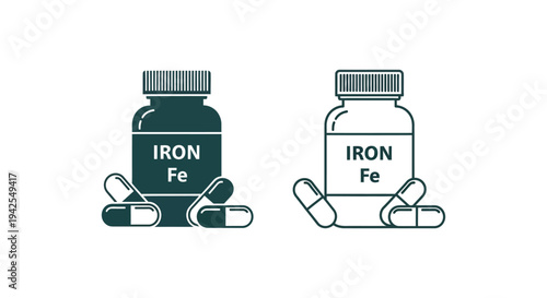 Collection of vector graphic illustrations depicting iron supplement capsules and medicinal bottles