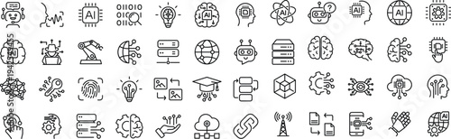 Artificial intelligence set of web icons. AI technology icons for web and mobile app. Machine learning, digital AI technology, algorithm, smart robotic, cloud computing network