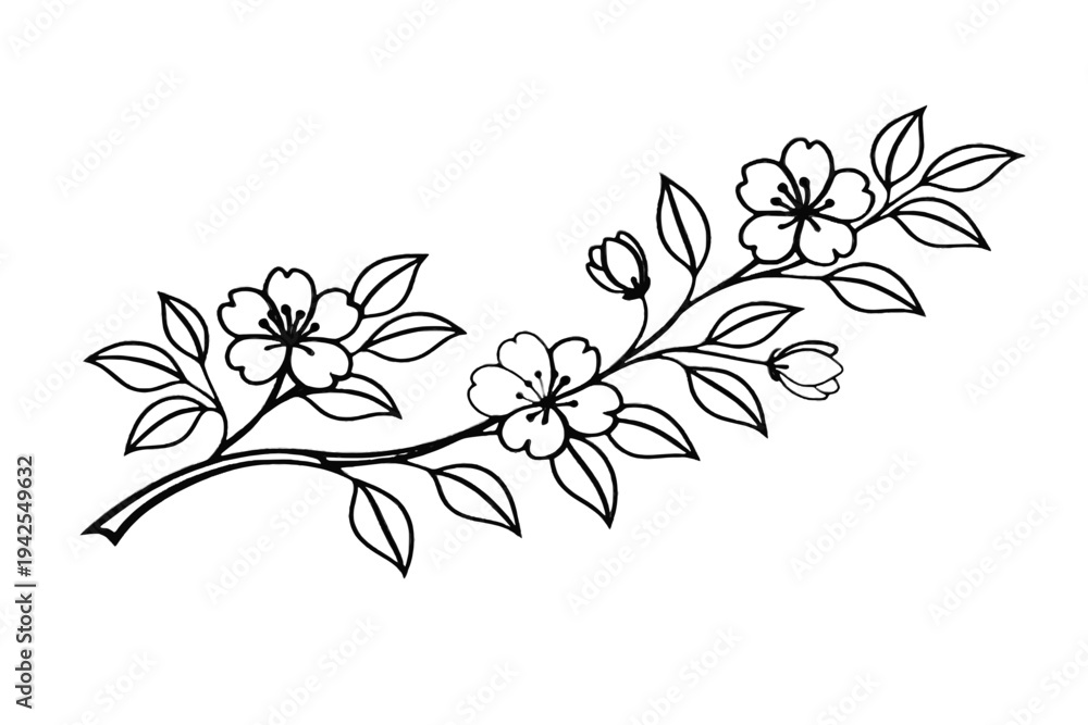 Naklejka premium Minimal Botanical Flower Branch Line Art with Leaves Elegant Floral Illustration Isolated on Transparent Background