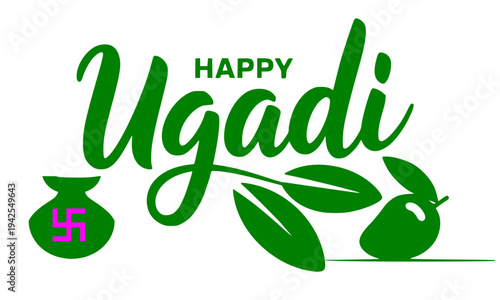 Happy Ugadi festive greeting card with traditional green kalash pot, swastika symbol, neem leaves and mango fruits with bold decorative typography for South Indian Telugu Kannada New Year