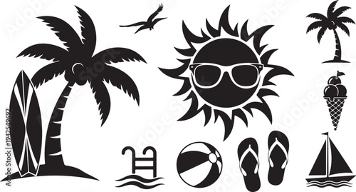 Black and white beach icons and summer vacation symbols