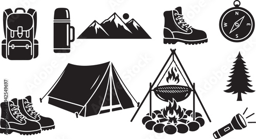Camping icons and travel equipment on white background