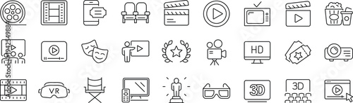 Cinema set of web icons in line style. Movie and Film linear icon collection. Containing video, movie theater, 3d, vr, popcorn, ticket, director, soundtrack and more.