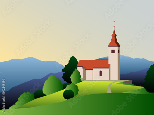 Minimalist vector illustration of a traditional European church on a lush green hilltop with blue mountain layers in the background at dawn.