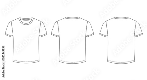 Blank white short-sleeve t-shirt vector outlines, multiple views for apparel design mockups, perfect for customization and branding displays, offering a versatile template for various fashion concepts