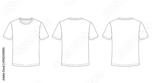 Outline drawing of a classic crew neck short-sleeve t-shirt shown from the front, back, and side views on a white background