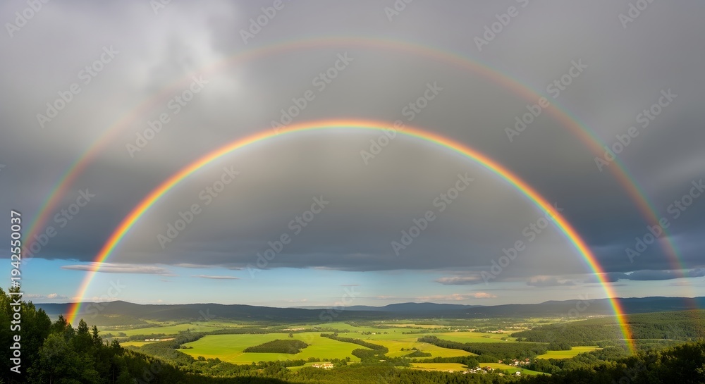 Naklejka premium A breathtaking double rainbow gracefully arches over a serene green valley, casting a vibrant spectrum of colors across the natural landscape after a refreshing rain shower under a cloudy sky