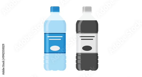 Flat vector illustration of two plastic bottles, one containing water and the other a dark drink.