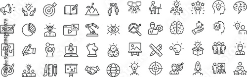 Creativity innovation set of web icons in line style. Creative business solutions icons for web and mobile app.Creative idea, team management, solution, brainstorming, invention.