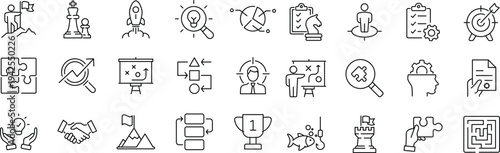 Business strategy set of web icons in line style. A collection of linear icon representing key business concepts, including market analysis, strategy, leadership, innovation, planning.