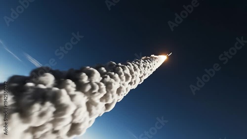 Dramatic missile attack launch ascent from Earth's atmosphere into deep space, powerful rocket engine exhaust plume creating intense bright light and thick white clouds against a clear blue sky