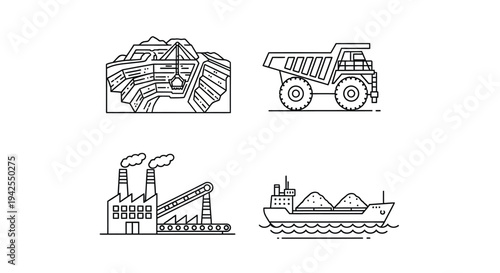 Industrial scene depicting mining factories and transportation in outline silhouette
