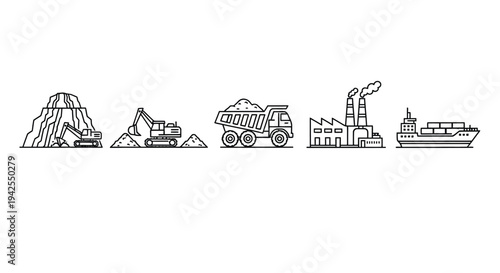 Industrial landscape featuring mining transport and factory elements a stark silhouette