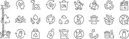 Zero Waste set of web icons in line style. A collection of eco linear icons, including recycling, waste management, composting, trash, pollution, landfill, composting, waste sorting