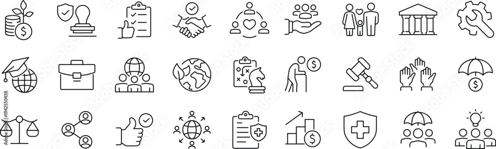 Fototapeta premium Social policy Web Icon Set in Line Style. Collection of Social services Linear Icons, Including, healthcare, family, education, protection, law, insurance, healthcare, reform and more.