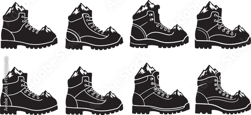 Collection of black hiking boots in various positions shown